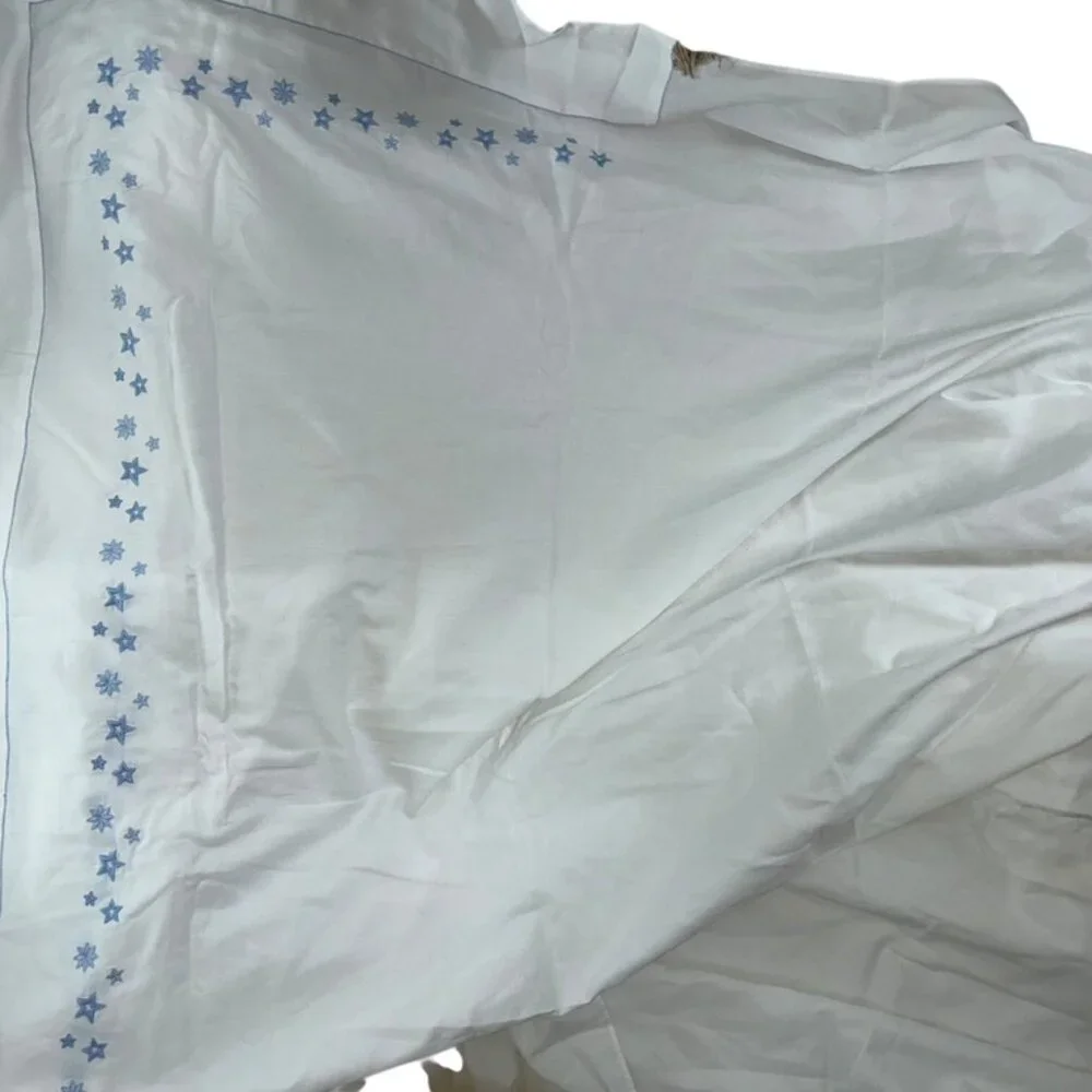 Schweitzer Linen ITALY white embroidered blue stars TWIN flat sheet